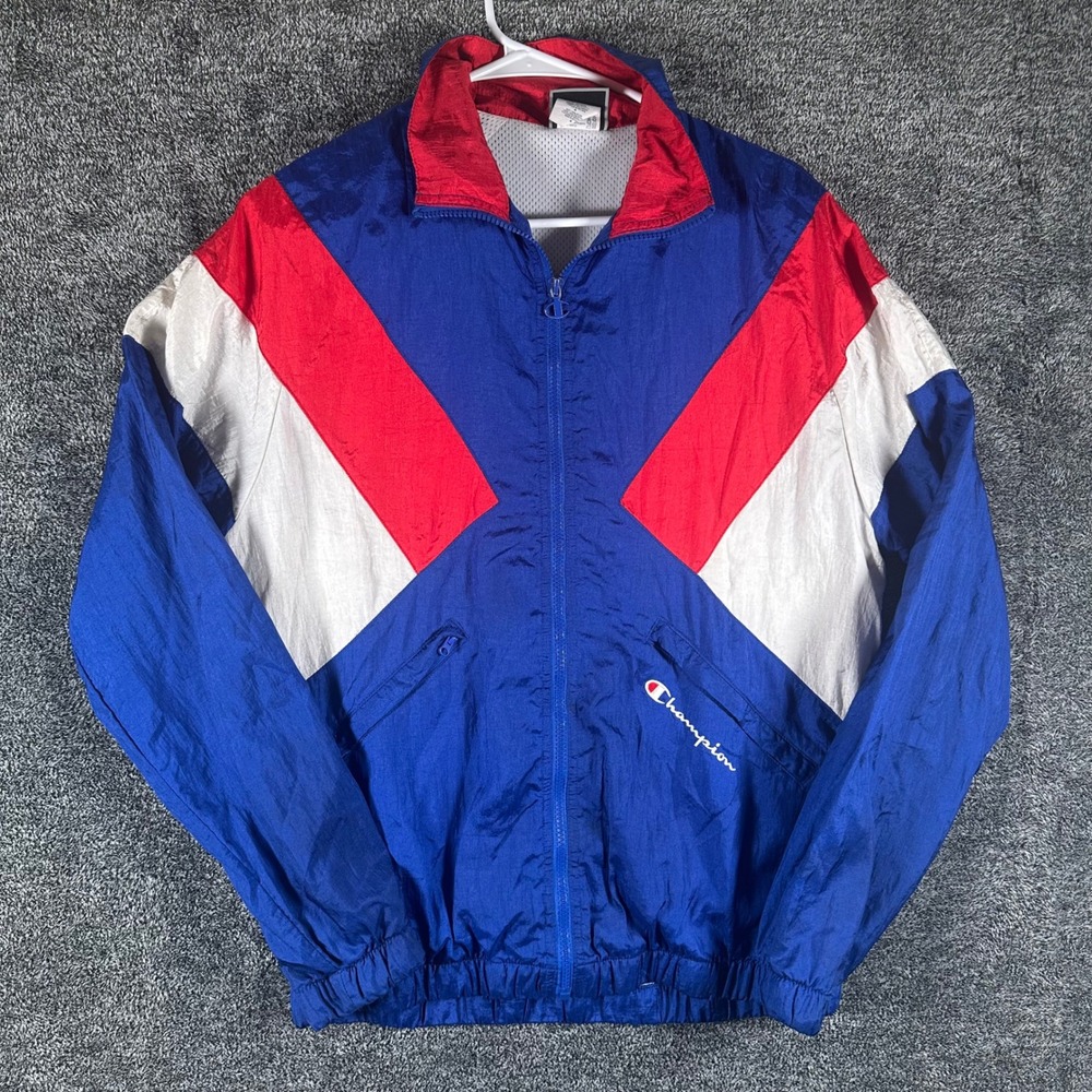 Champion Windbreaker Mens Medium Blue Red White Colorblock Full Zip Jacket Retro